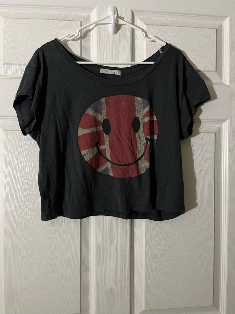 Forever 21 Black Crop Tee with Red & Cream Smiley Union Jack Graphic